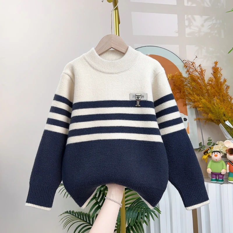 2024韩国绒新款男童毛衣秋冬款冬季中大童男孩加绒加厚针织打底衫