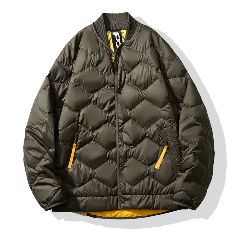 港风休闲轻薄简约棒球领羽绒服男装秋冬新款潮牌菱形格白鸭绒外套