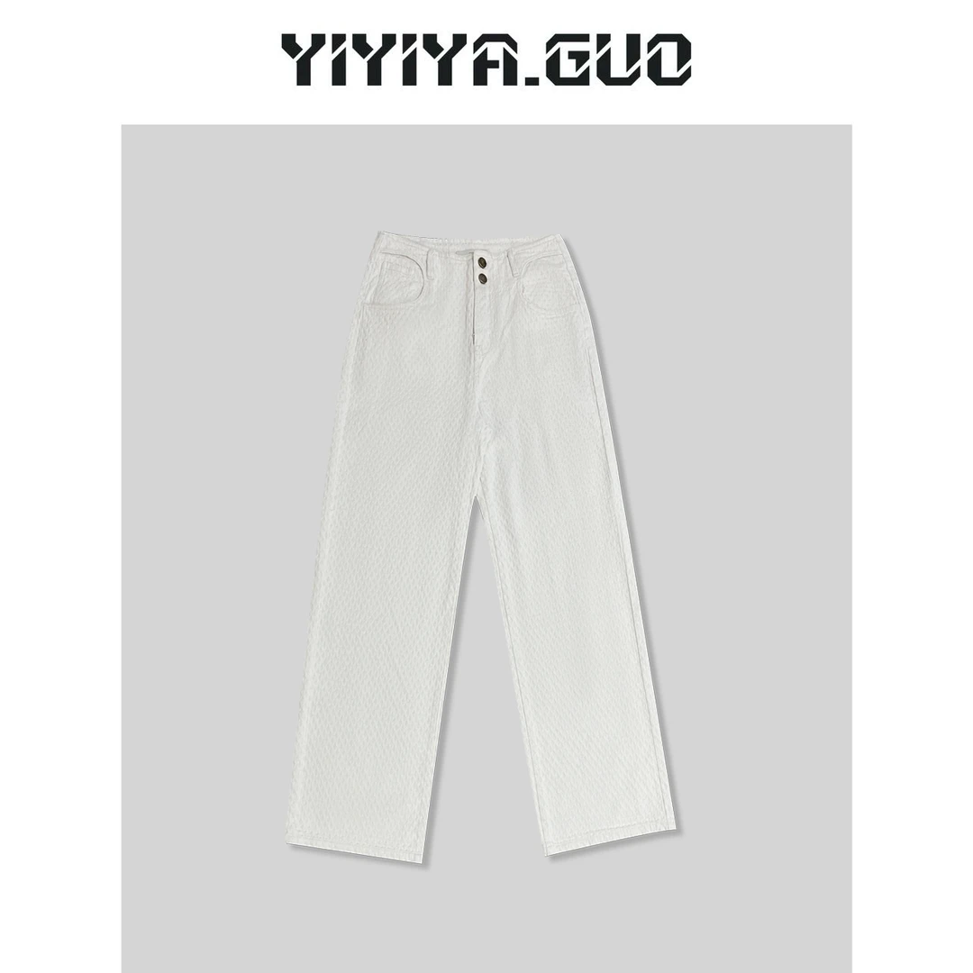 yiyiya.Guo艺艺吖/白色小菱格两粒扣牛仔裤K0658