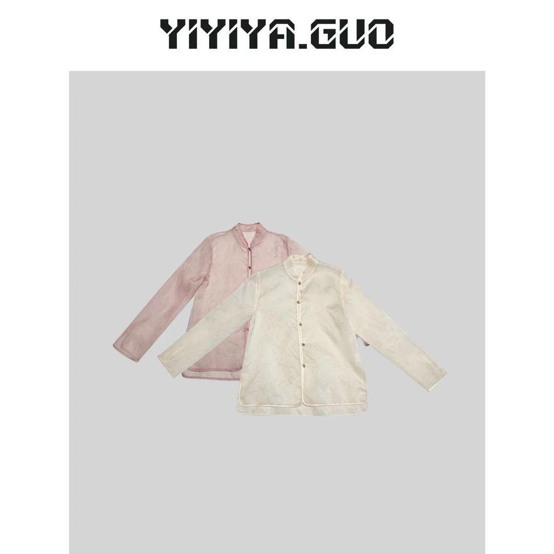 yiyiya.Guo艺艺吖/【不离不弃】白色立领绿色纽扣开衫上衣2024668