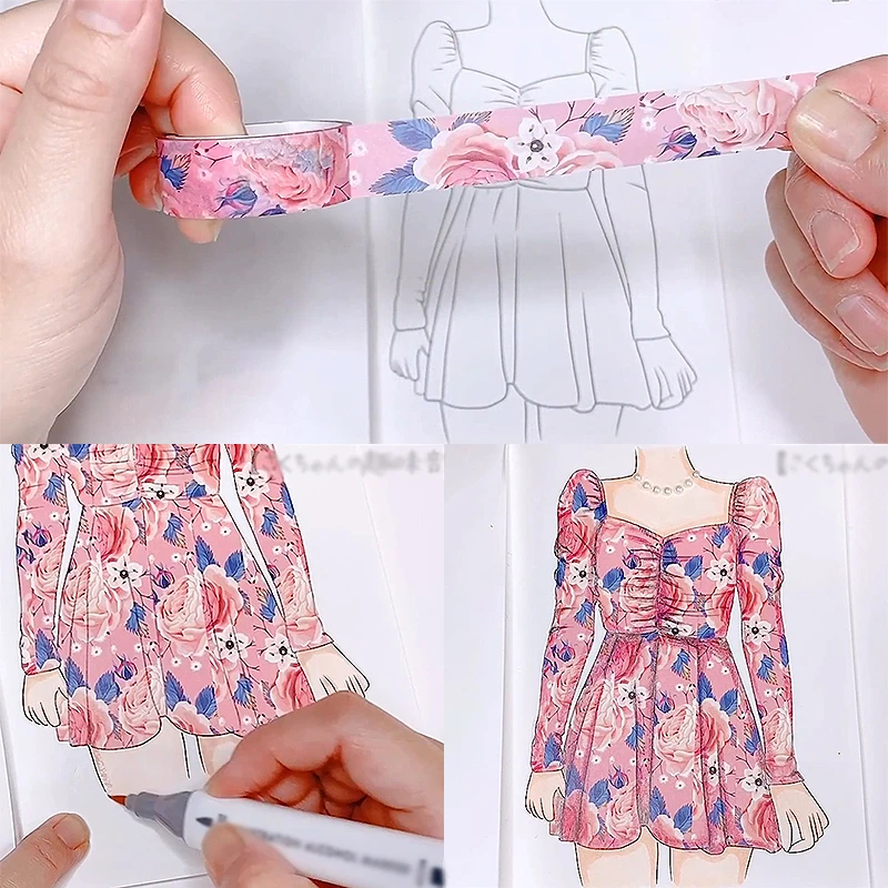 鲜花彩色和纸胶带粘贴画手工diy填色绘本孕妇大人解压服装涂色书