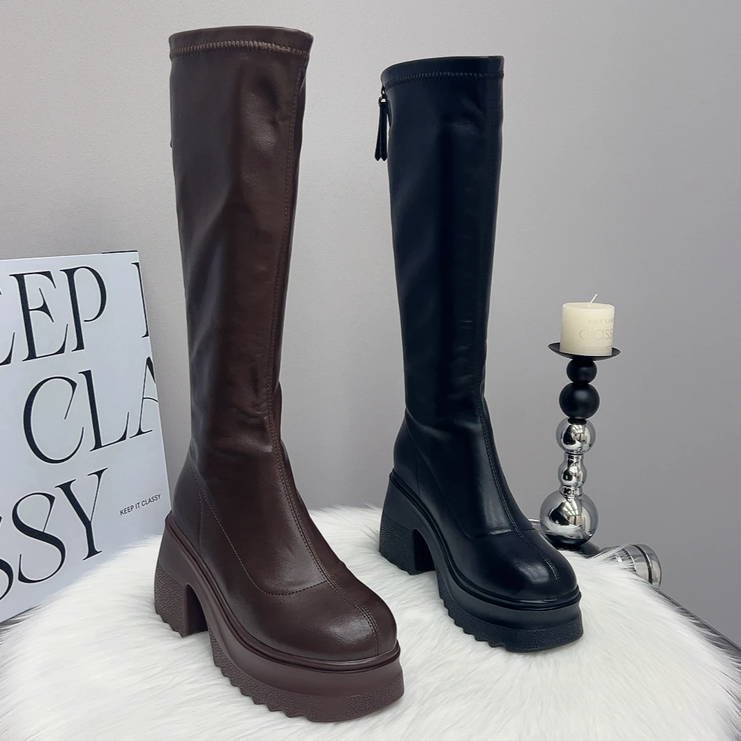 美拉德小个子厚底10cm弹力高筒骑士靴增高显瘦不过膝粗跟长靴