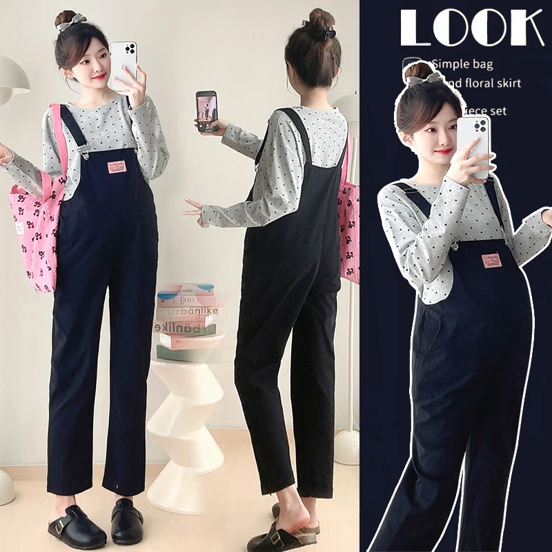 孕妇装秋装2024新款休闲长袖上衣纯色孕妇背带裤显瘦外穿春秋季女