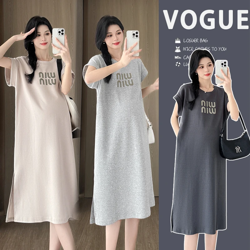 孕妇上衣中长款短袖T恤长裙子夏季休闲孕妇连衣裙过膝孕妇装夏装