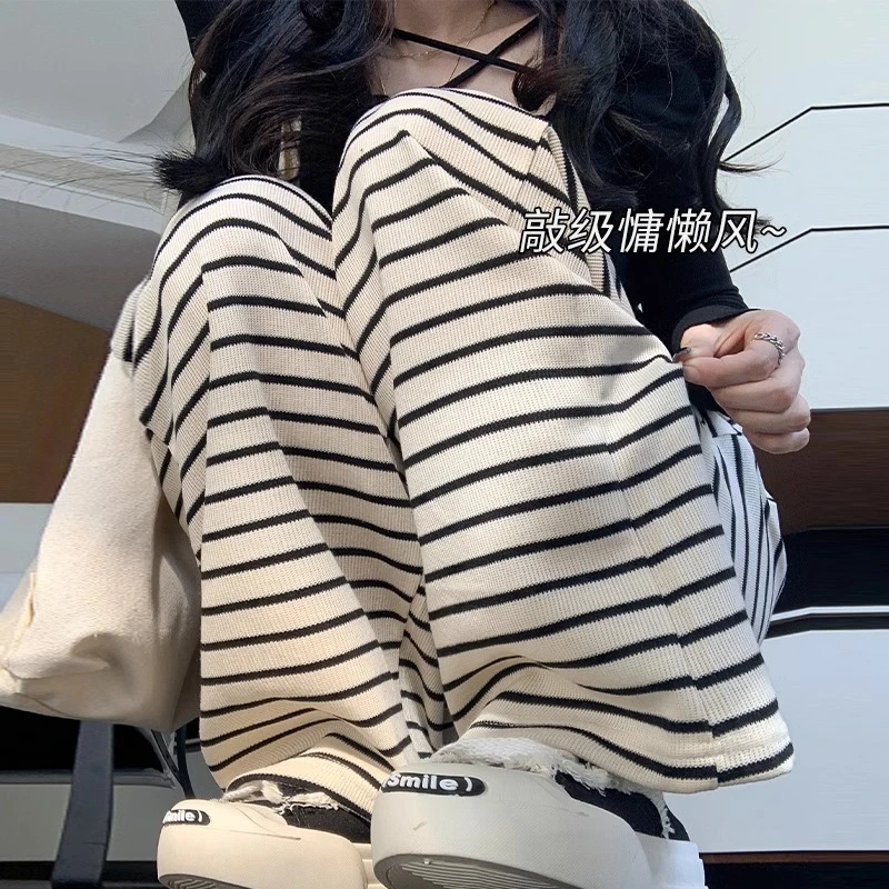 孕妇条纹裤女秋冬季加绒2025新款垂感阔腿直筒宽松慵懒风裤子春秋