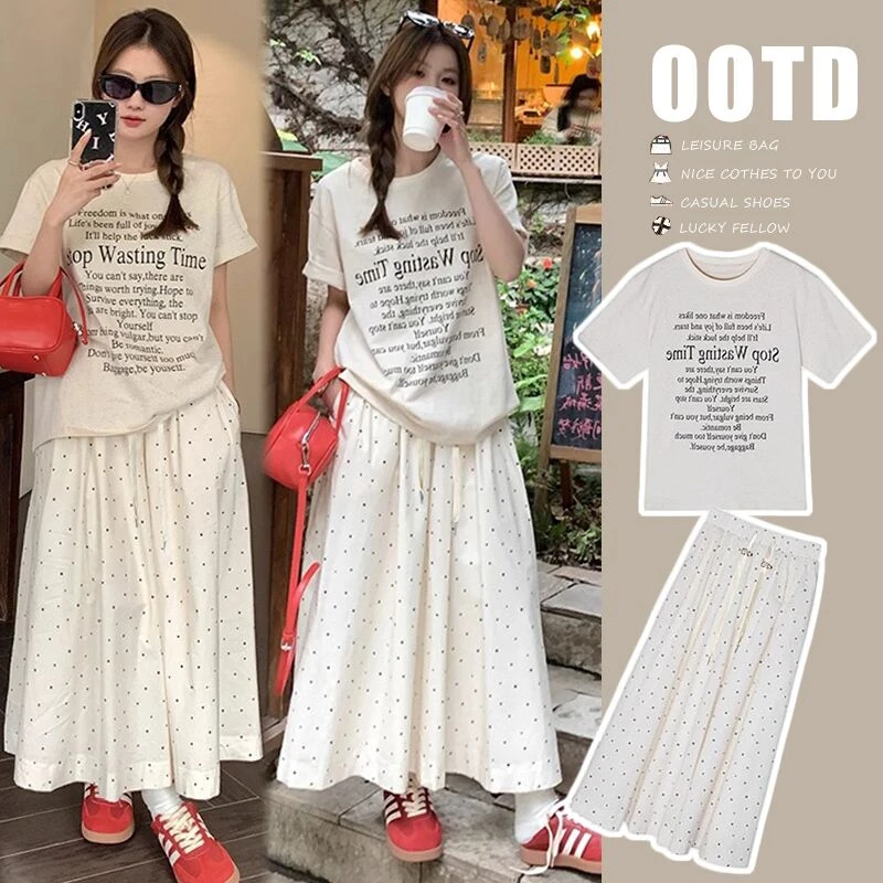 孕妇装夏季网红夏装2025短袖字母上衣波点半身裙夏天中长款裙子女