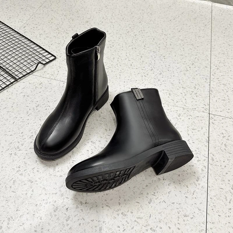 2024秋冬季新款厚底粗跟加绒马丁靴中筒女靴休闲简约舒适瘦瘦靴