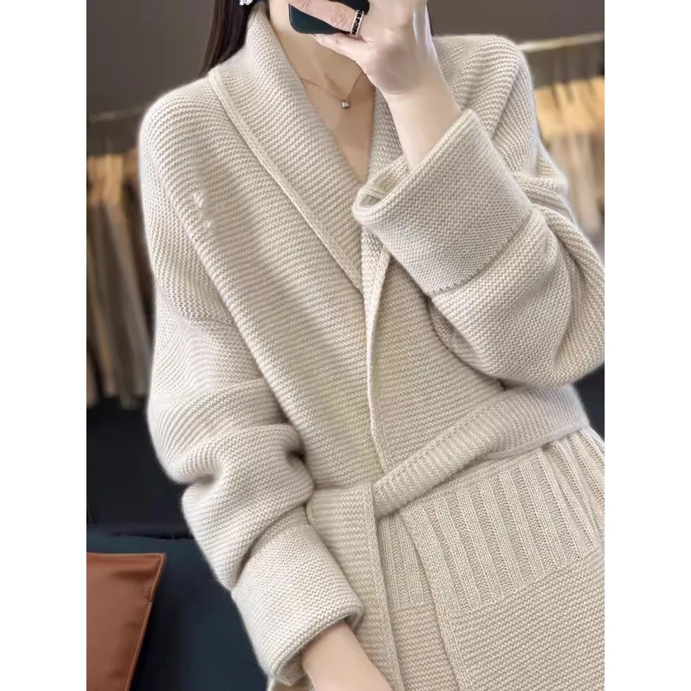 重磅中长款羊绒衫女翻领提花加厚腰带开衫宽松慵懒羊毛外套毛衣