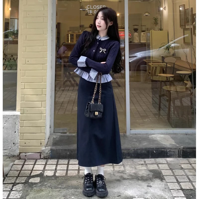学院风假两件拼接毛衣针织衫女秋冬季搭配高腰半身裙长裙子北极绒