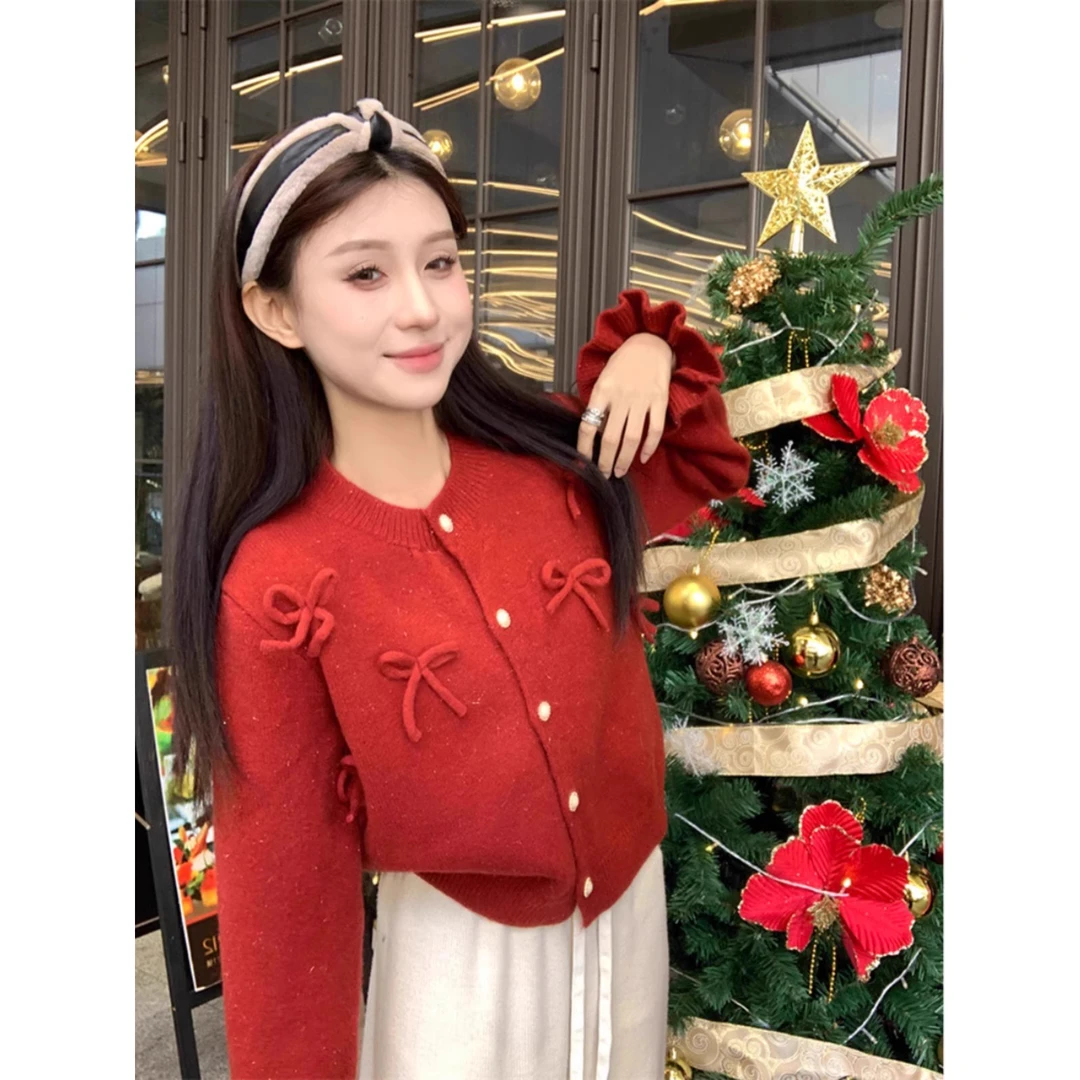 设计感圆领蝴蝶结洋气针织毛衣女开衫2024春秋冬新款气质毛衣外套