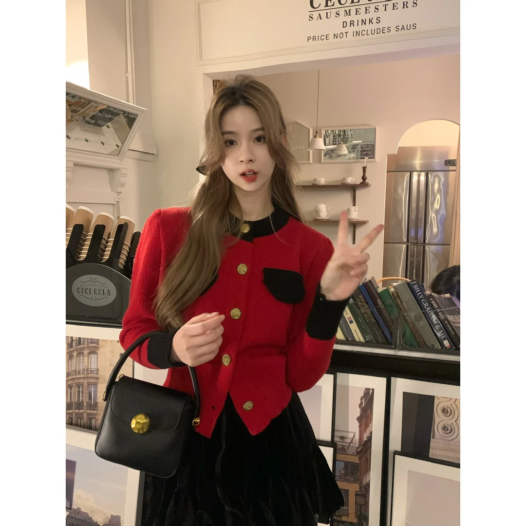 实拍实价 小香圣诞新年红毛衣外套2024冬甜美百搭显瘦针织开衫