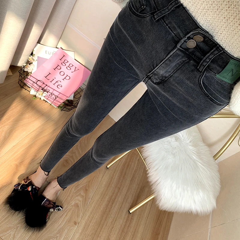 新款烟灰色高腰牛仔裤女弹力显瘦修身小脚铅笔裤秋季九分裤小个子
