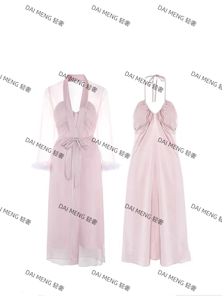 【粉色回忆】冰丝缎面U领胸垫修身露背吊带睡裙长款网纱外袍家居服