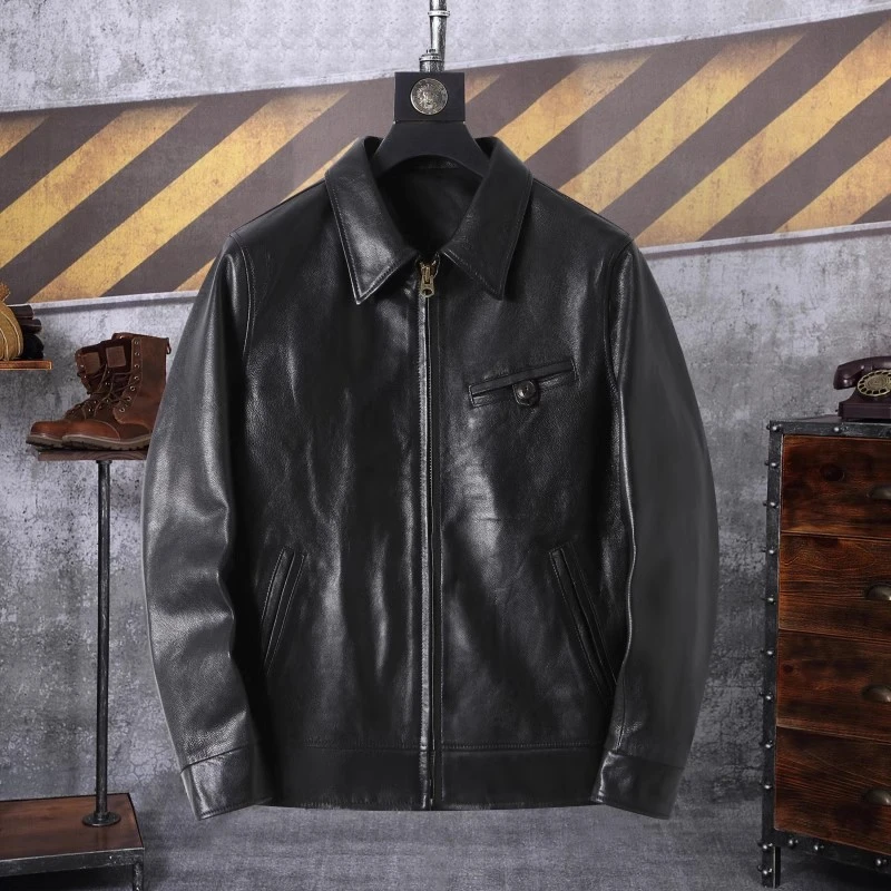 1940头层软山羊皮真皮皮衣男款工装皮夹克翻领休闲短款外套复古