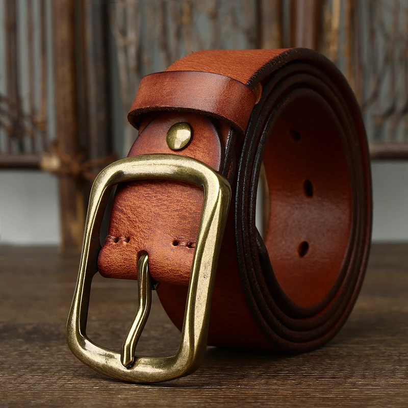 复古手工做旧个性潮流粗纹褶皱皮带男真皮针扣头层牛皮牛仔裤腰带