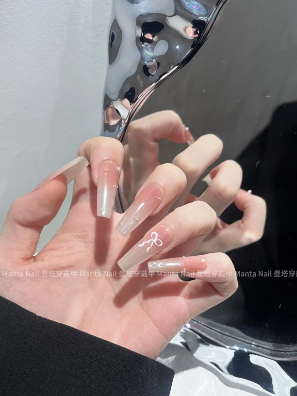 纯爱｜月光粉裸色渐变电镀感蝴蝶结纯手工穿戴甲