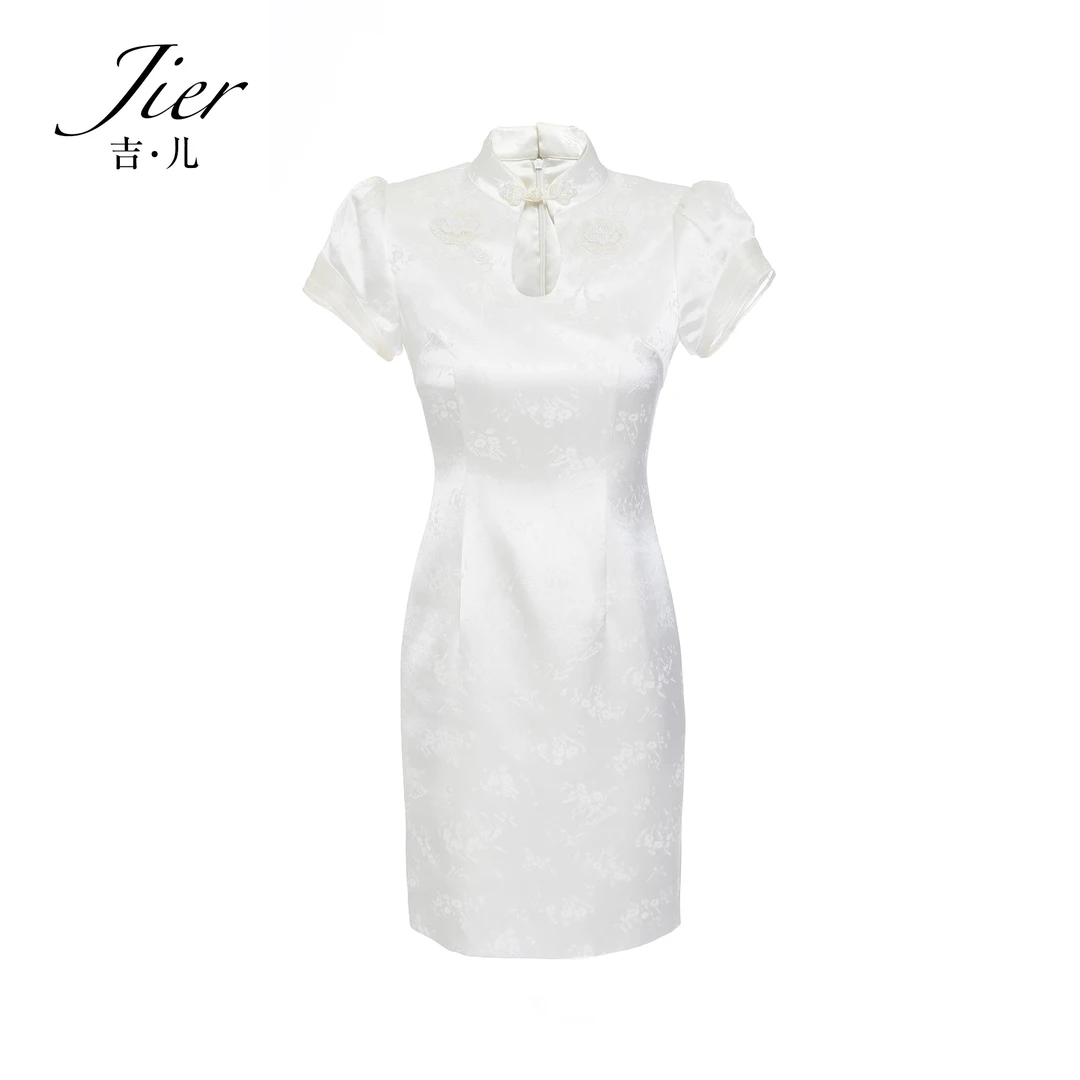 【Jier吉儿】原创设计师旗袍提花重工钉珠修身新中式连衣裙