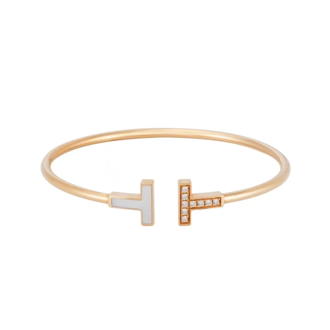 未使用 Tiffany & Co./蒂芙尼 玫瑰金 双T宽版半钻半贝母手镯