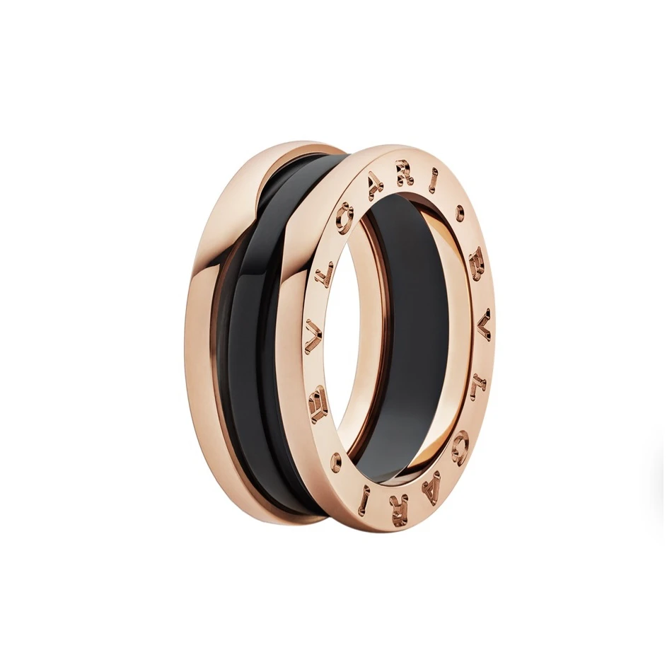 99新 BVLGARI/宝格丽 经典黑色窄版指环玫瑰金黑陶瓷三环戒指