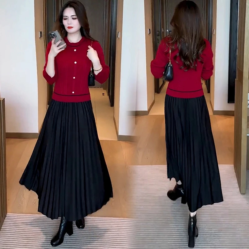 2024秋冬新款假两件针织连衣裙女时尚洋气百搭过膝打底毛衣长裙子