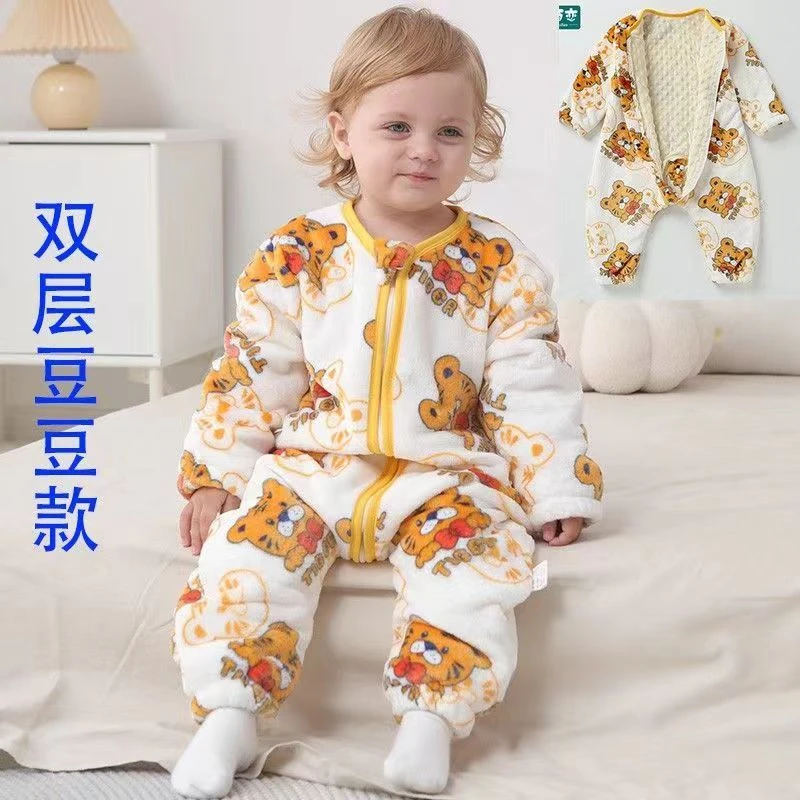 豆豆绒睡袋婴幼儿秋冬法兰绒分腿睡袋睡袍儿童秋冬防踢加绒睡袋
