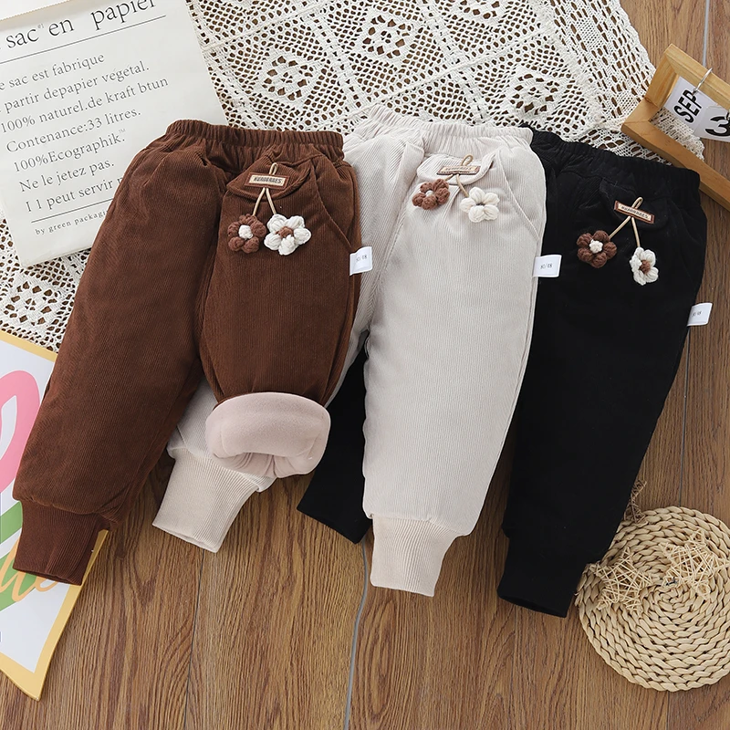 冬季宝宝绒裤子儿童休闲裤外穿洋气保暖长裤加绒立体小花条绒棉裤