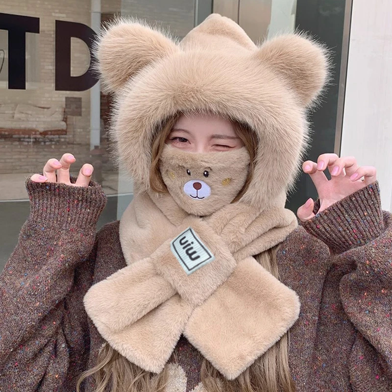 冬季新款双层加厚围巾连帽一体保暖防寒风骑行护耳毛绒两件套帽子