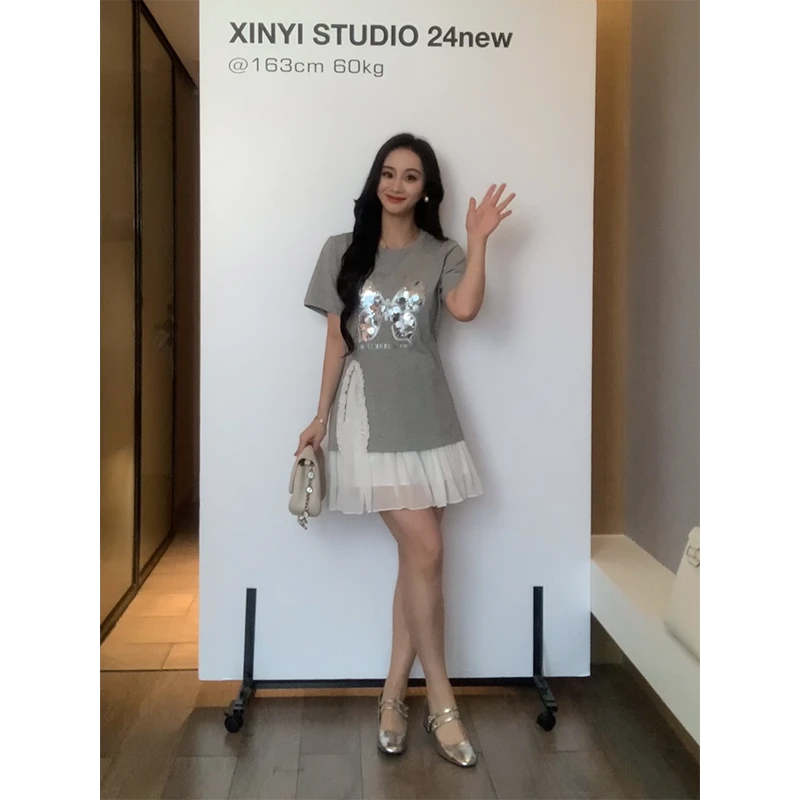 XINYI【夏日悠然】夏季纯棉T恤+A摆半身裙显瘦两件套X624A09589