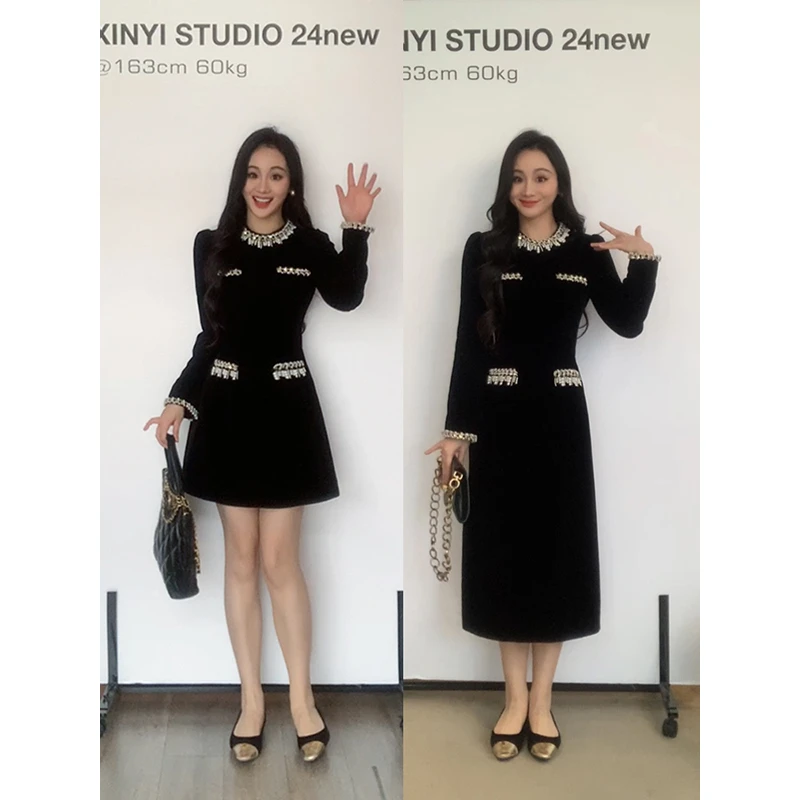 XINYI【琉璃暗夜】秋冬重工千金丝绒连衣裙收腰显瘦裙X624Q20001