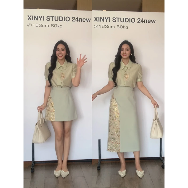 XINYI【薄荷曼波】夏季新中式天丝衬衫+半身裙显瘦两件套X624A01701