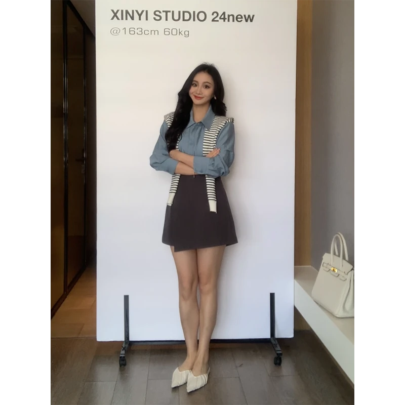 XINYI【海盐冰蓝】秋季亚麻衬衫+裙裤显瘦气质两件套X624A12217