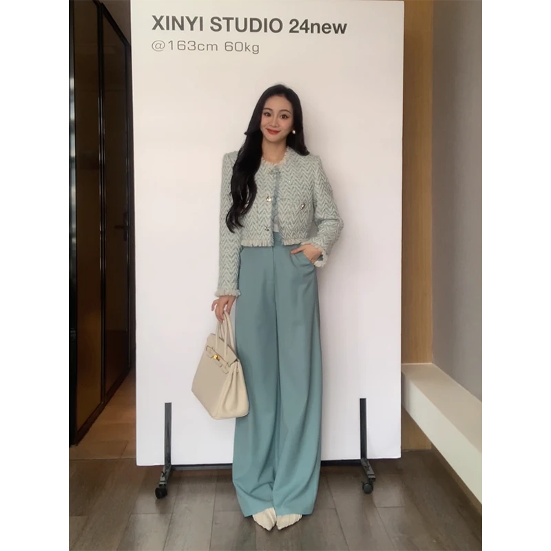 XINYI【蓝雾琉璃】秋季亮丝编织小香风外套+高腰裤显瘦X624A14735