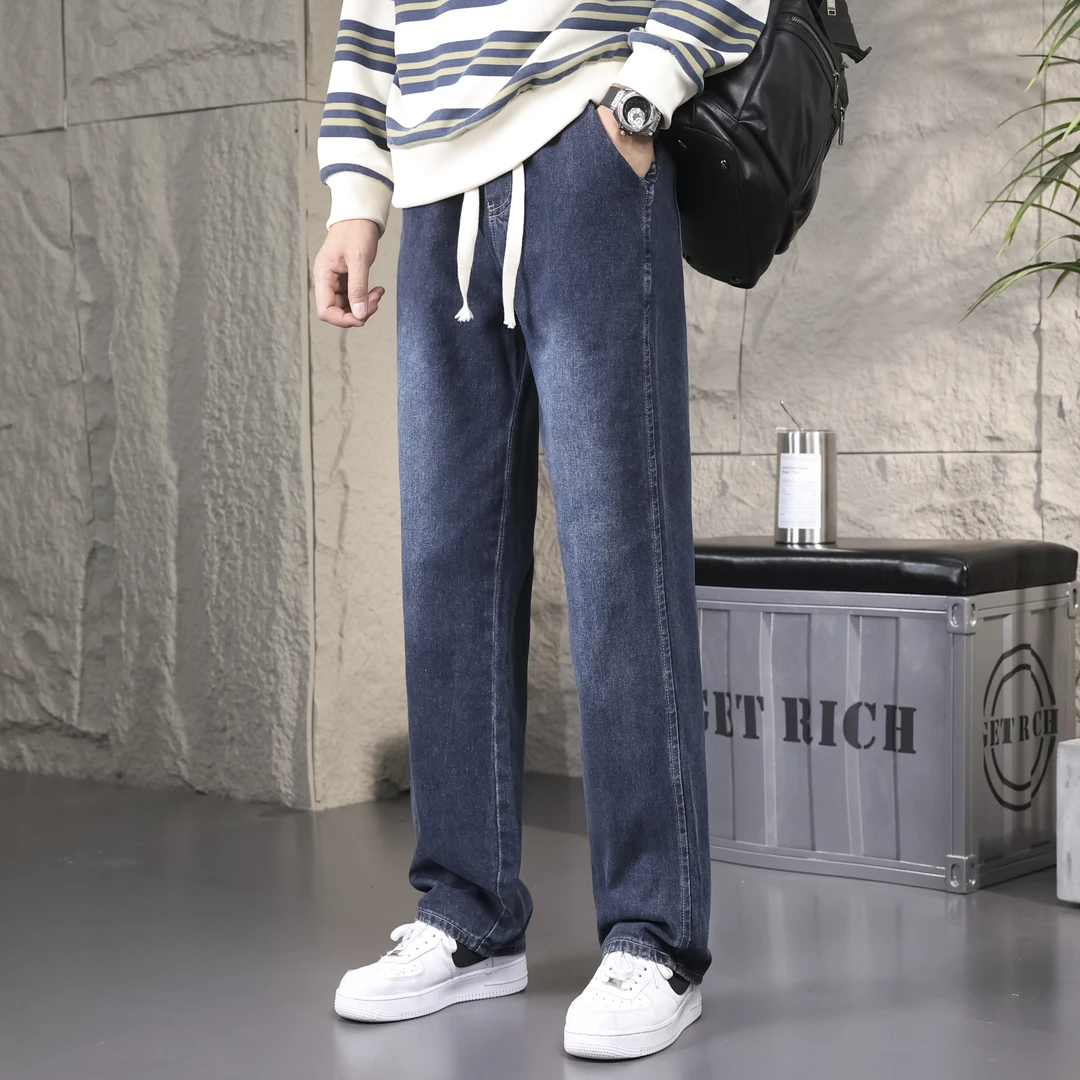 美式潮牌牛仔裤秋冬宽松直筒百搭复古蓝黑灰裤子水洗长裤