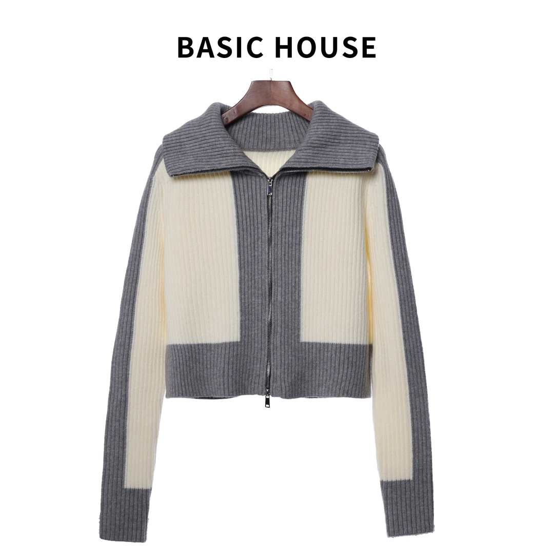 Basic House/百家好JH   拼色针织开衫女保暖舒适外套百搭毛衣