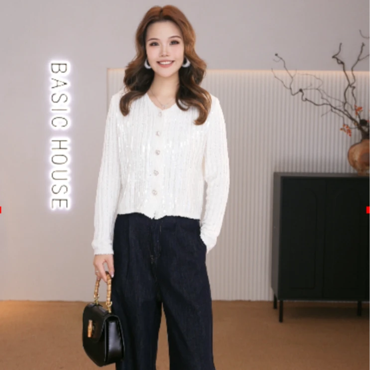 Basic House/百家好JH时尚百搭气质圆领开衫法式两片长袖针织衫