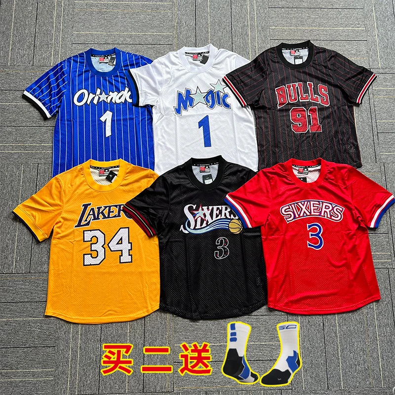 美式圆领篮球服复古网眼字母街头潮流短袖棒球服男女宽松麦迪球衣