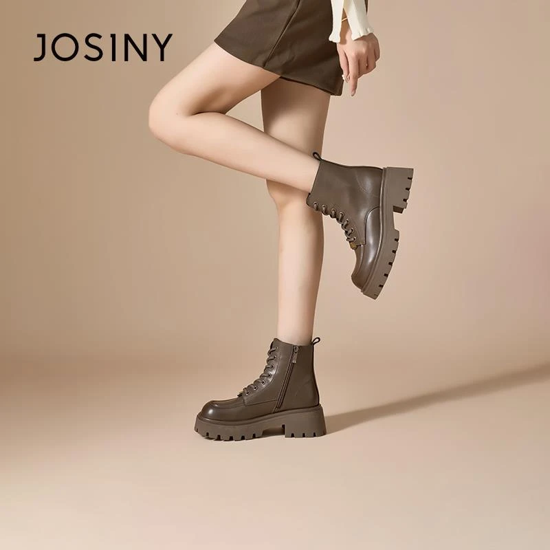 卓诗尼2025秋冬季复古马丁靴英伦厚底百搭系带中筒圆头短靴女靴子