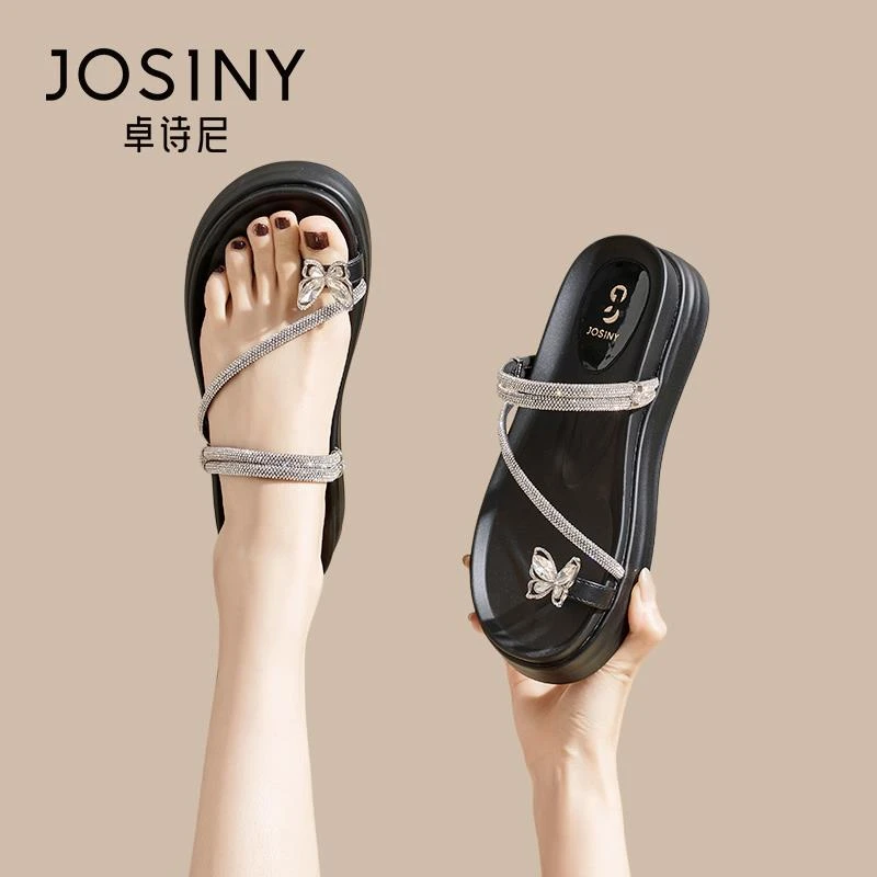 卓诗尼夹趾厚底凉拖鞋女2025新款夏季外穿配裙子仙女水钻平底凉鞋