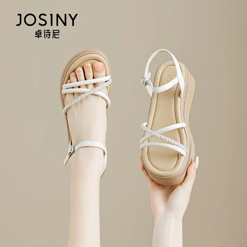 卓诗尼坡跟凉鞋女厚底松糕2025新款夏季外穿水钻仙女配裙子罗马鞋