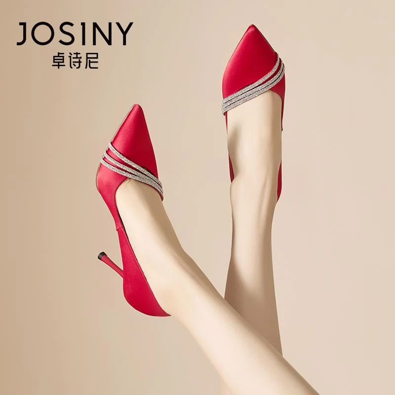 卓诗尼主婚纱婚鞋女2025新款水钻细跟单鞋新娘鞋红色尖头高跟鞋女