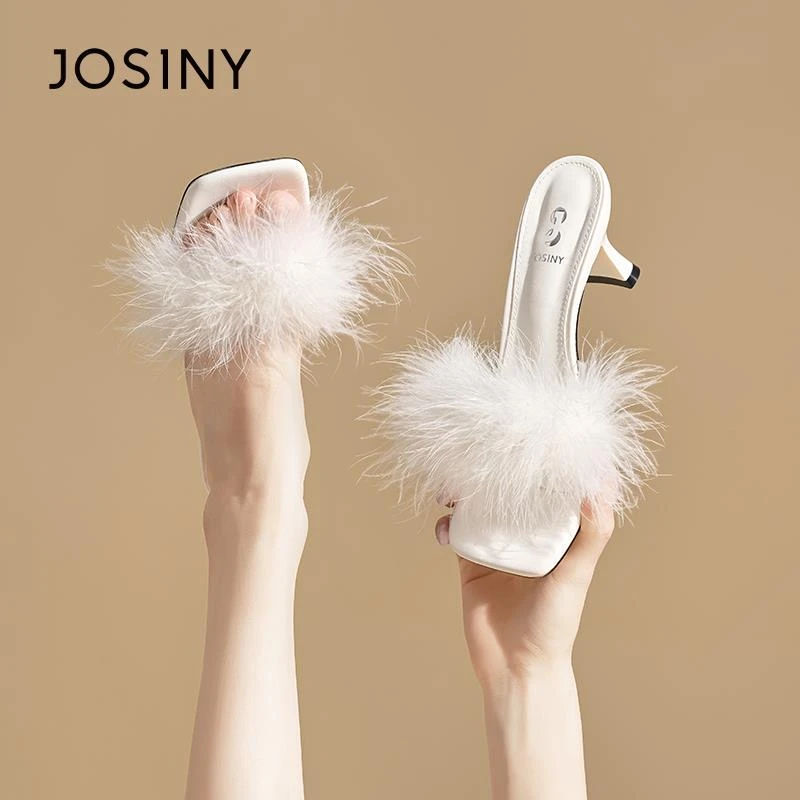 卓诗尼2025夏季新款一脚蹬高跟凉鞋女绝美仙女风高级感毛毛凉拖鞋