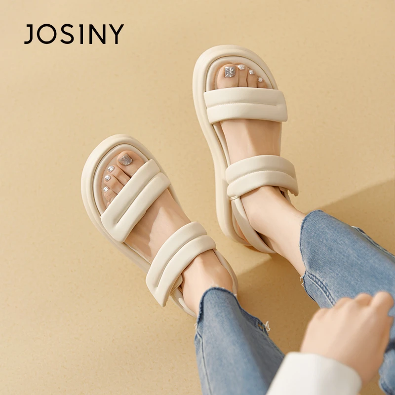 卓诗尼2025夏季新款厚底面包凉鞋女休闲沙滩鞋踩屎感魔术贴凉鞋