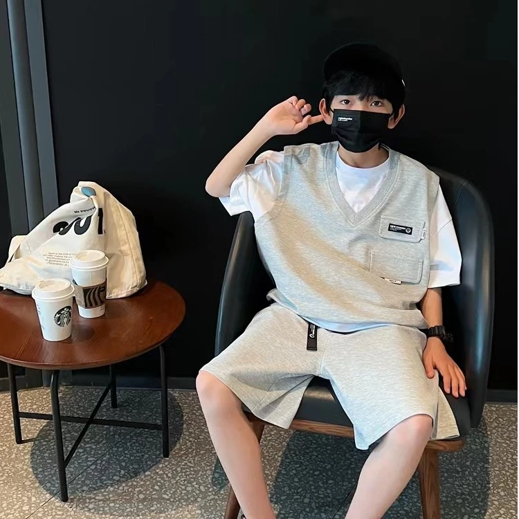 童装夏季男童薄款假两件运动短袖套装中大童洋气休闲两件套F008