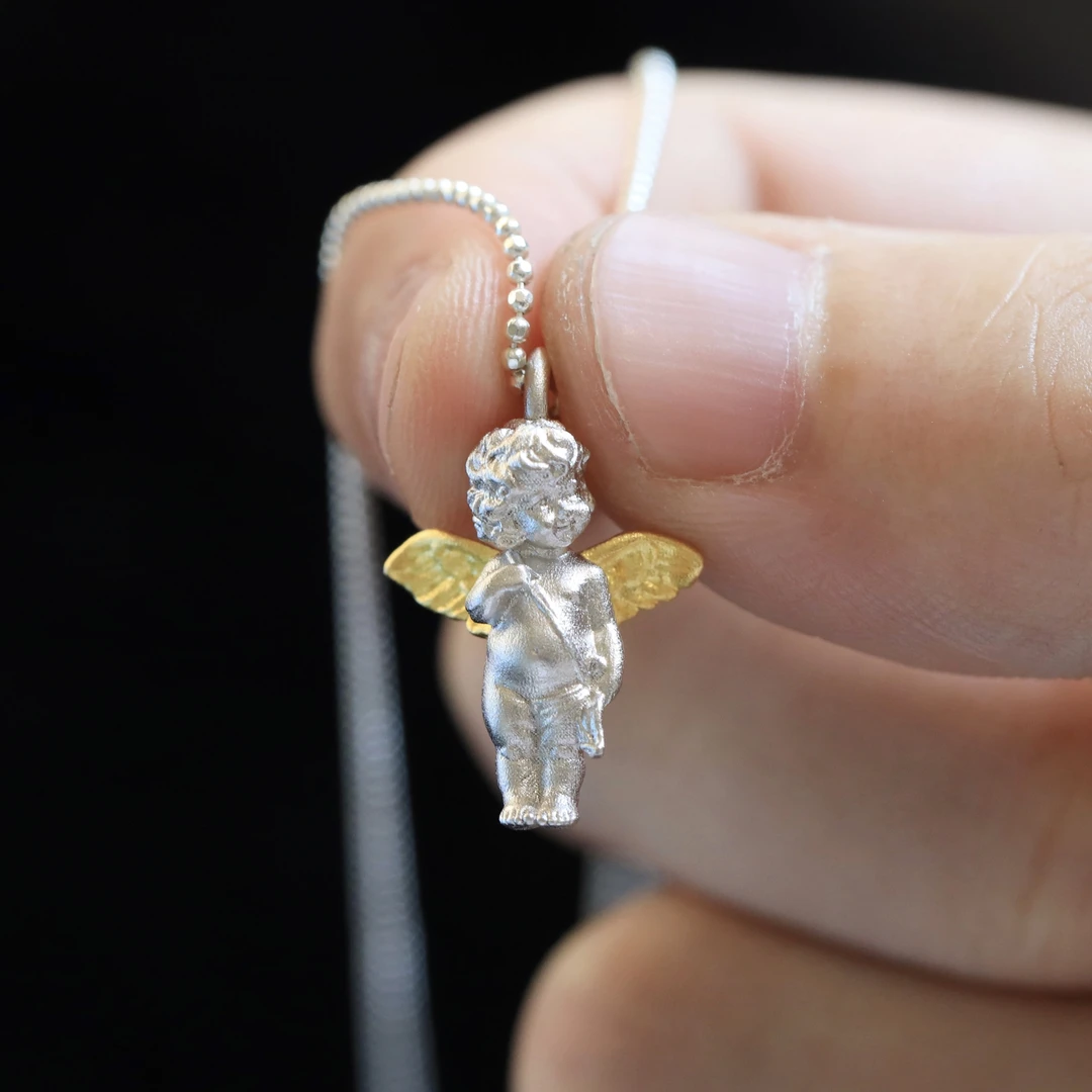 周因音 坠链均925银 纯银小天使吊坠angel丘比特项链男女情侣复古