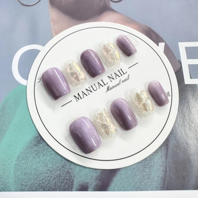 《梦幻紫猫眼》纯手工定制穿戴甲紫色猫眼闪钻可拆卸美甲贴少女显白