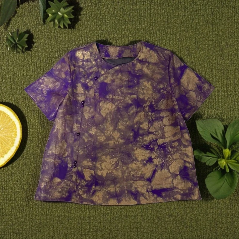 百分百桑蚕丝重磅香云纱紫龟鎏金上衣中式改良复古真丝短袖T恤