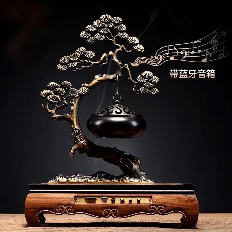 2025款纯铜迎客松音乐香炉家用办公室创意蓝牙乔迁送礼家居摆件