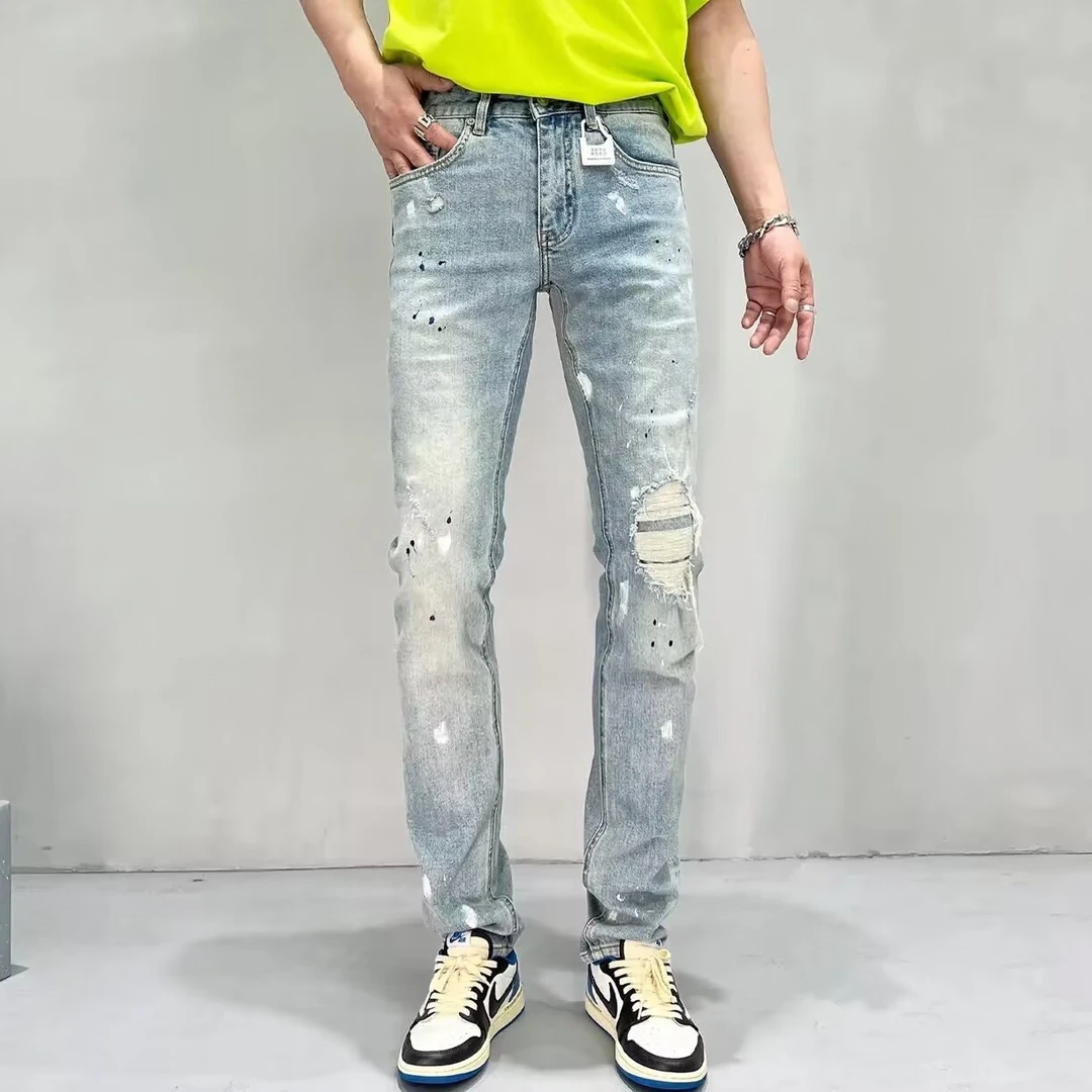 破洞牛仔裤男漆点潮流韩版修身小脚裤青年夏季弹力休闲潮牌九分裤