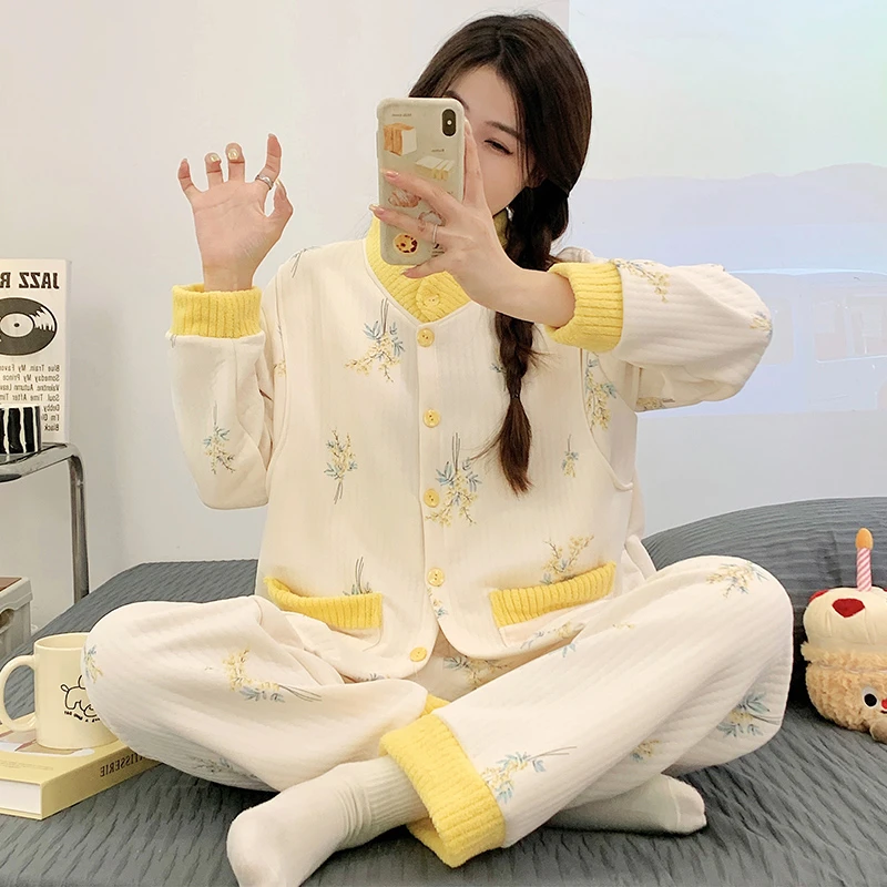 【带胸垫秋冬季保暖空气棉】月子服喂奶孕妇哺乳睡衣产妇大码