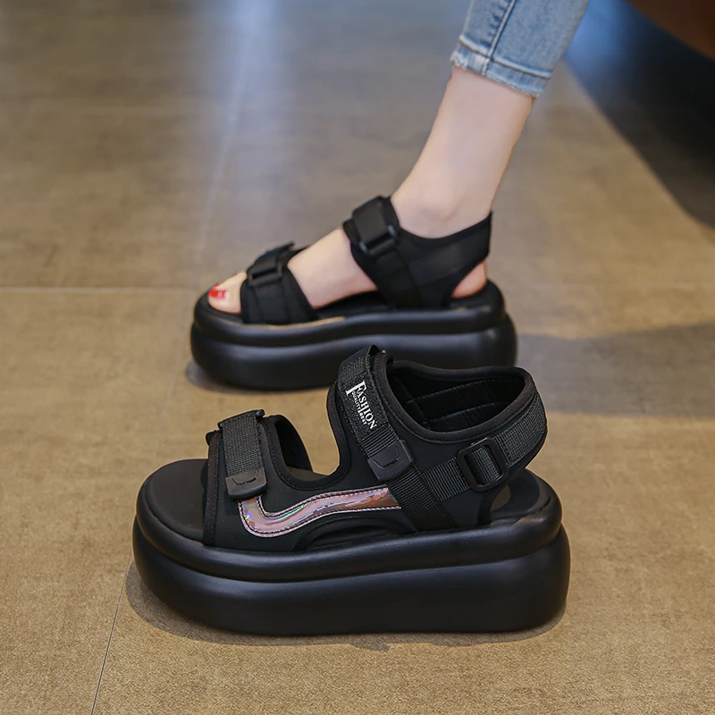 凉鞋女2024夏季新款时尚百搭显瘦小码厚底增高防滑松糕软底魔术贴